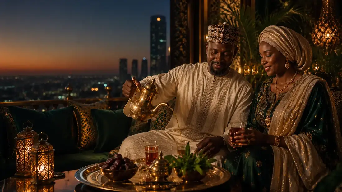 Rooftop tea service at sunset