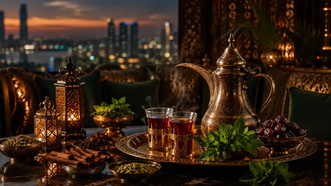 Luxury Arabian tea ingredients and teapot setting